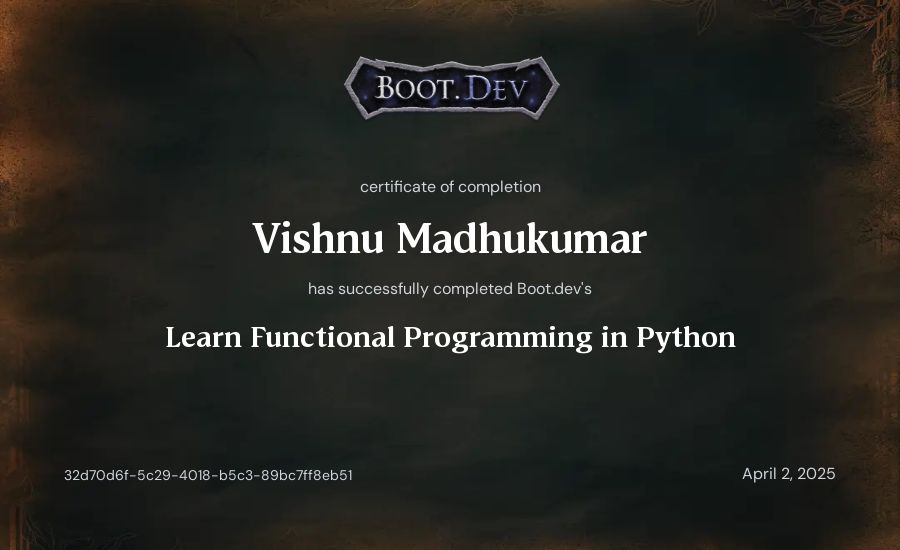 Vishnu Madhukumar's Boot.dev Learn Functional Programming in Python certificate