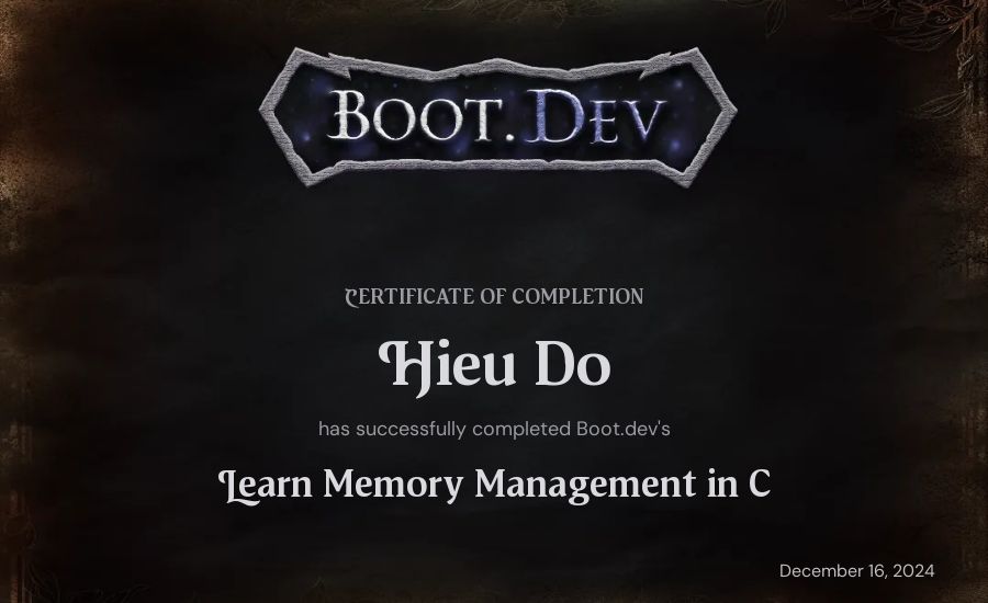 Hieu Do's Boot.dev Learn Memory Management in C certificate