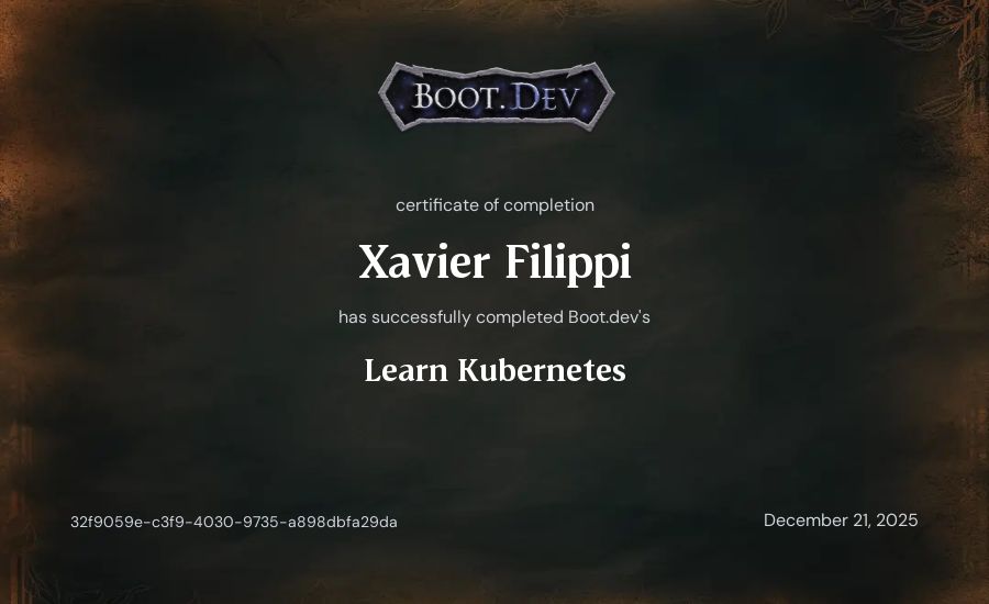 Xavier Filippi's Boot.dev Learn Kubernetes certificate
