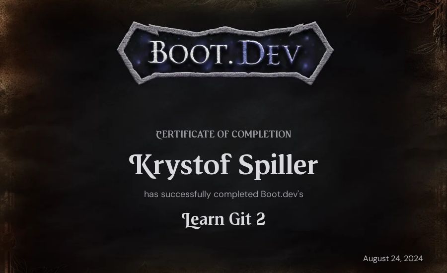Krystof Spiller's Boot.dev Learn Git 2 certificate