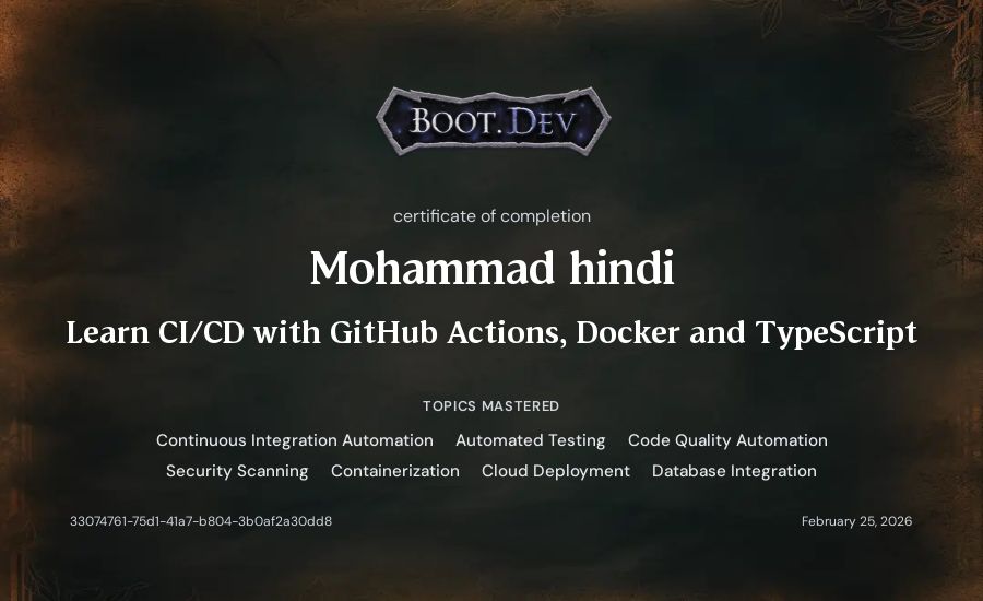 Mohammad hindi's Boot.dev Learn CI/CD with GitHub Actions, Docker and TypeScript certificate