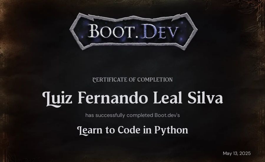 Luiz Fern's Boot.dev Introduction to Python Course certificate