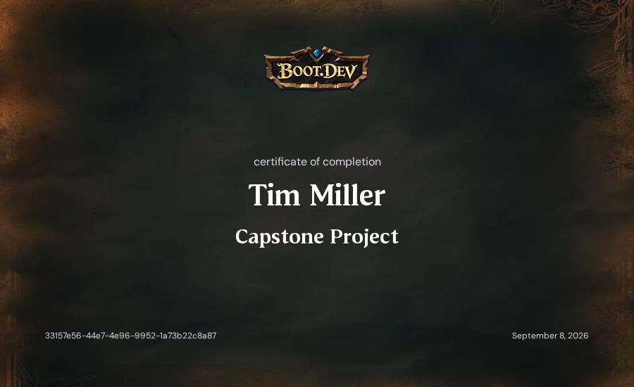 Tim Miller's Boot.dev Capstone Project certificate