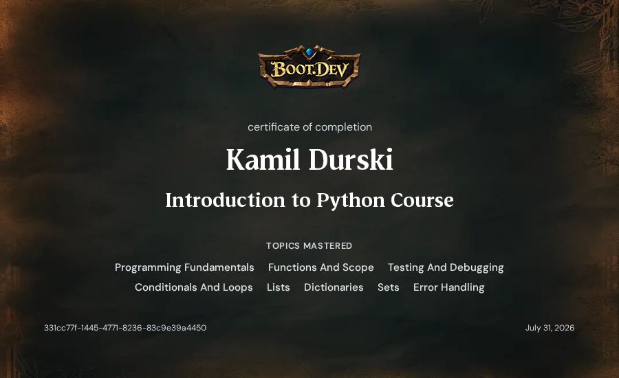 Kamil Durski's Boot.dev Introduction to Python Course certificate