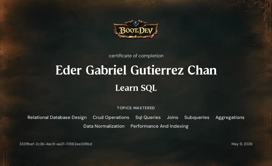 Eder Gabriel Gutierrez Chan's Boot.dev Learn SQL certificate