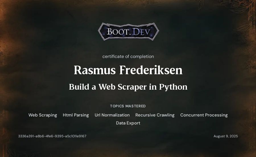 Rasmus Frederiksen's Boot.dev Build a Web Scraper in Python certificate