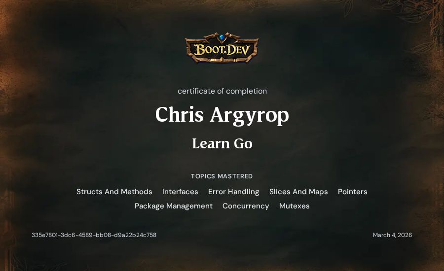 Chris Argyrop's Boot.dev Learn Go certificate