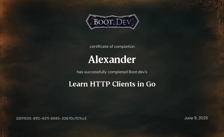 Alexander's Boot.dev Learn HTTP Clients in Go certificate