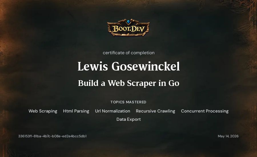 Lewis Gosewinckel's Boot.dev Build a Web Scraper in Go certificate