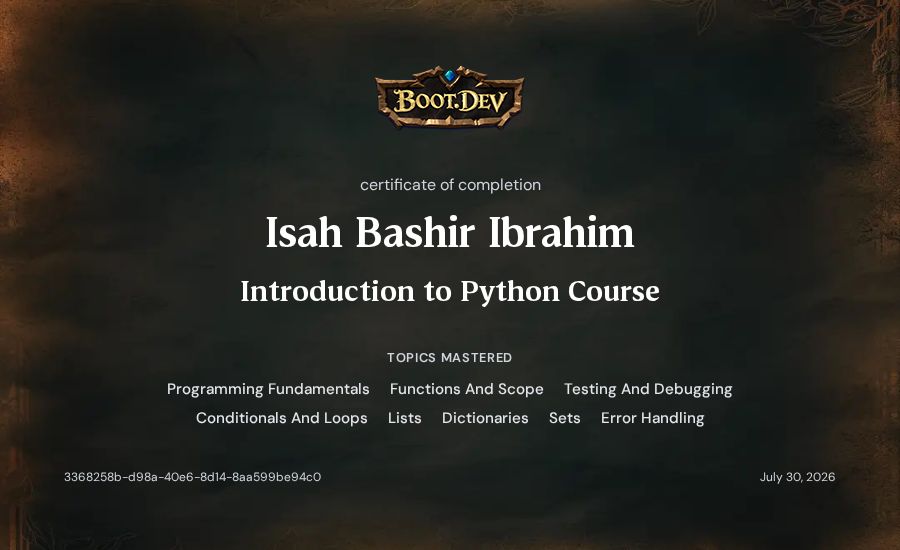 Isah Bashir Ibrahim's Boot.dev Introduction to Python Course certificate