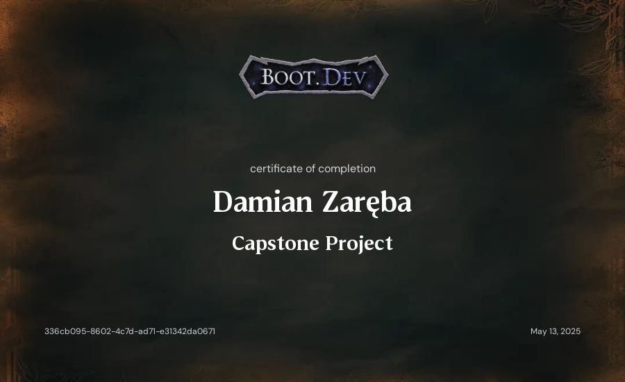 Damian Zaręba's Boot.dev Capstone Project certificate