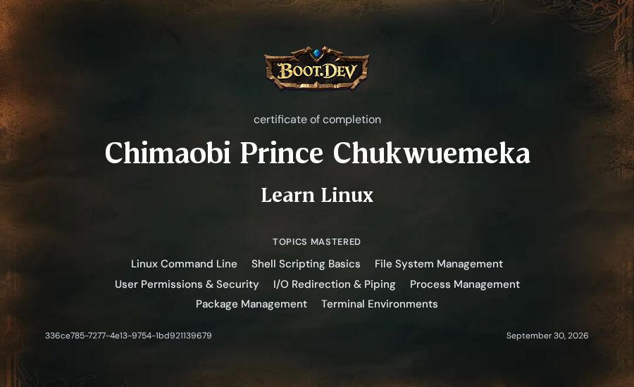 Chimaobi Prince Chukwuemeka's Boot.dev Learn Linux certificate