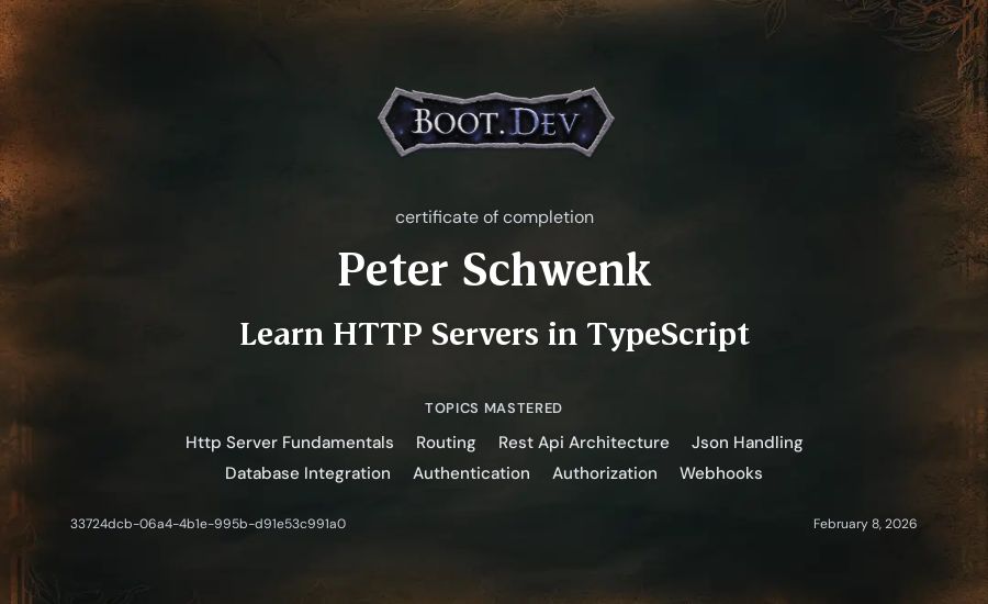 Peter Schwenk's Boot.dev Learn HTTP Servers in TypeScript certificate