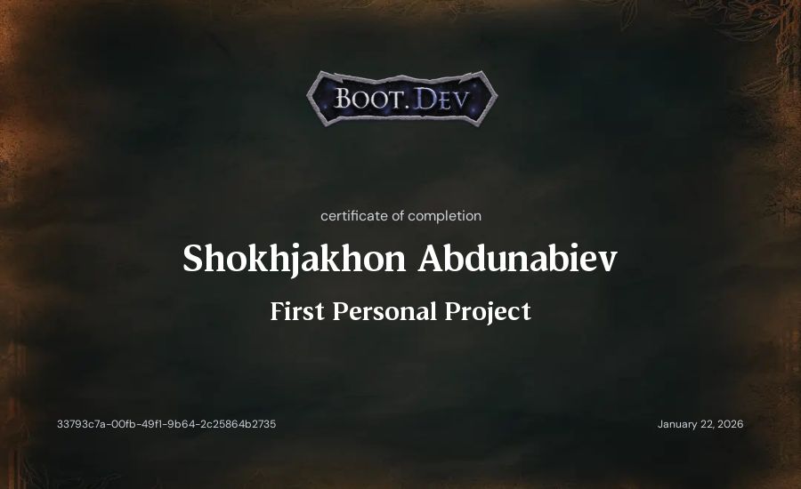 Shokhjakhon Abdunabiev's Boot.dev First Personal Project certificate