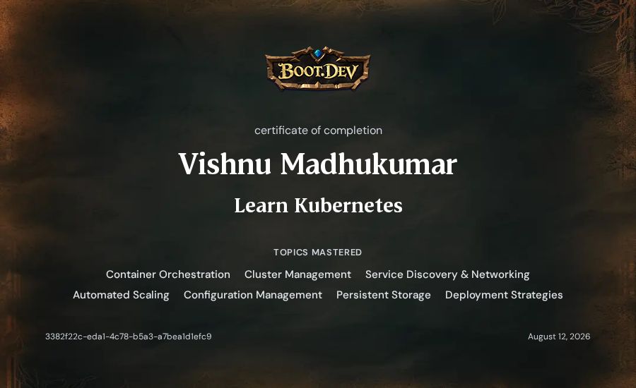 Vishnu Madhukumar's Boot.dev Learn Kubernetes certificate