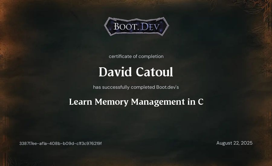 David Catoul's Boot.dev Learn Memory Management in C certificate