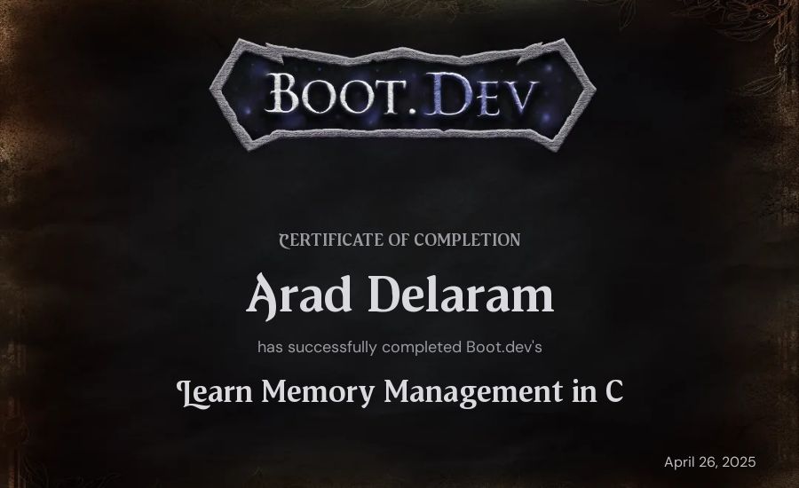 Arad Delaram's Boot.dev Learn Memory Management in C certificate