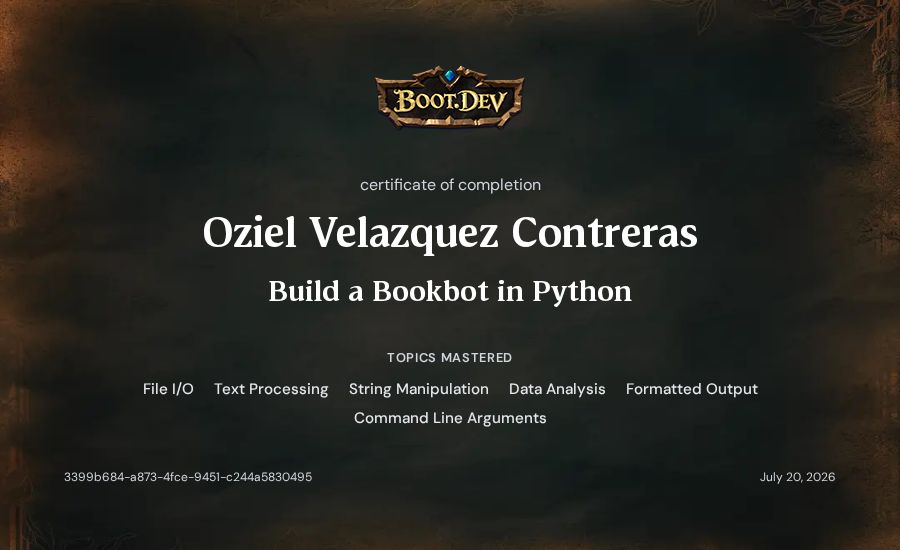 Oziel Velazquez Contreras's Boot.dev Build a BookBot in Python certificate