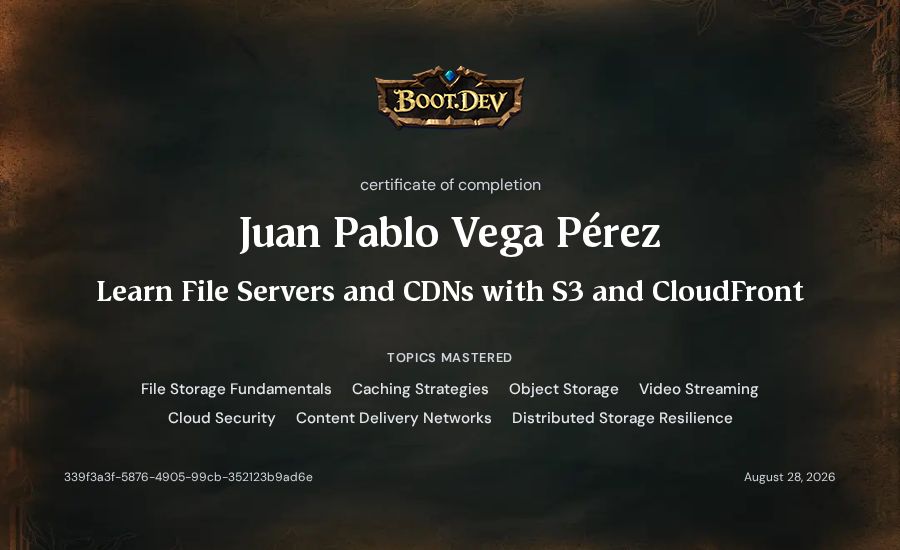 Juan Pablo Vega Pérez's Boot.dev Learn File Servers and CDNs with S3 and CloudFront certificate