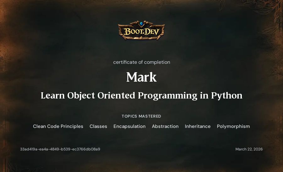 Mark's Boot.dev Learn Object Oriented Programming in Python certificate