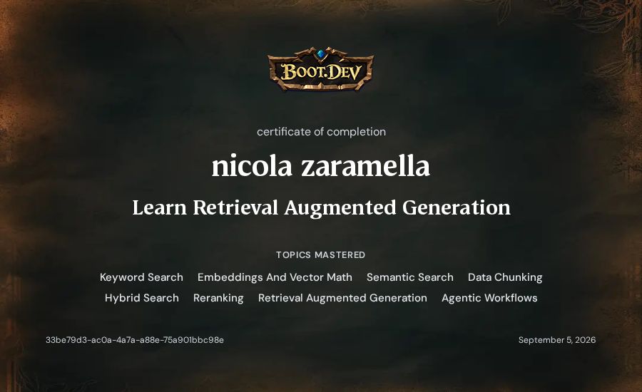 nicola zaramella's Boot.dev Learn Retrieval Augmented Generation certificate