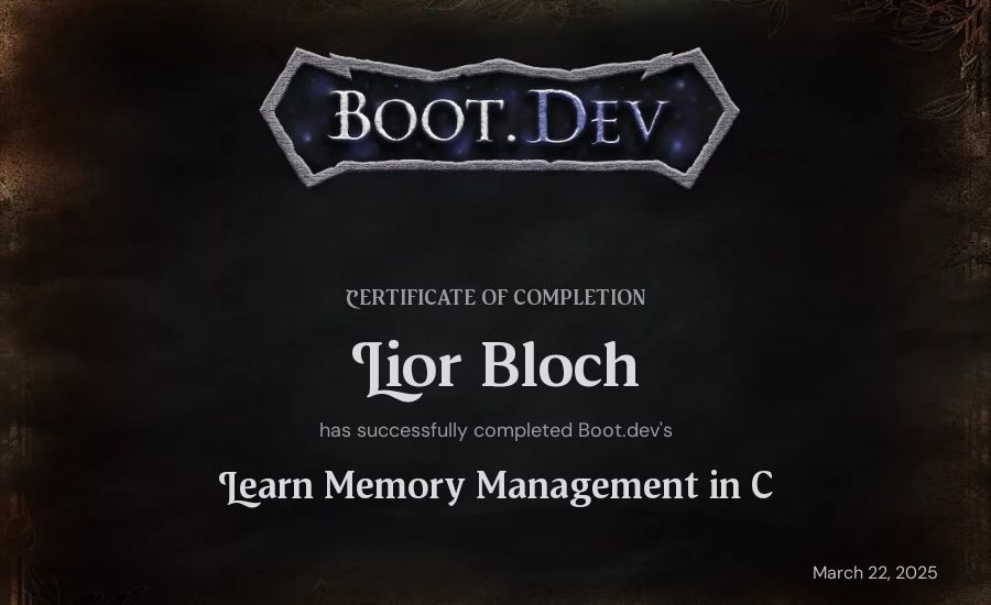 Lior Bloch's Boot.dev Learn Memory Management in C certificate
