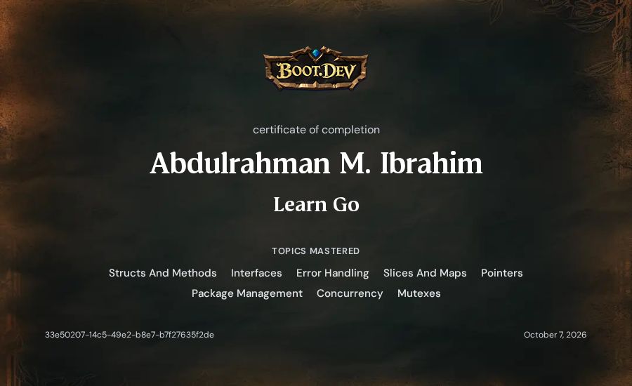 Abdulrahman M. Ibrahim's Boot.dev Learn Go certificate