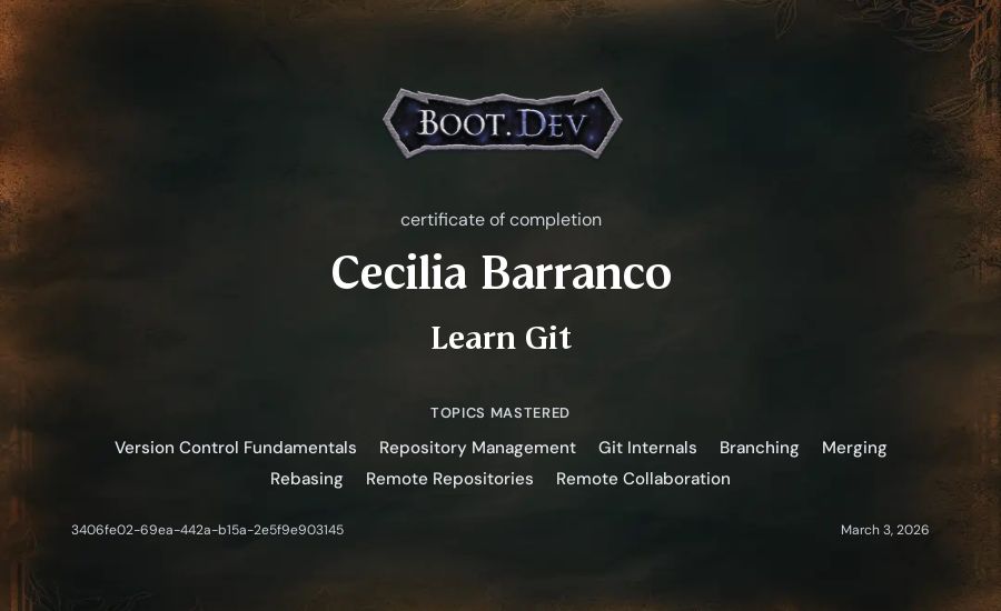Cecilia Barranco's Boot.dev Learn Git certificate