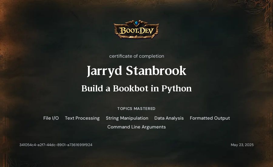 Jarryd Stanbrook's Boot.dev Build a BookBot in Python certificate