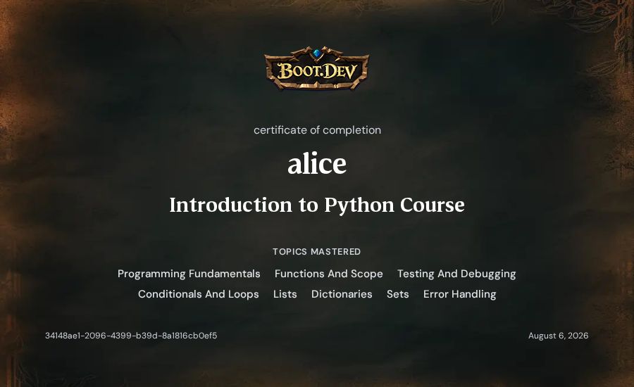 alice's Boot.dev Introduction to Python Course certificate