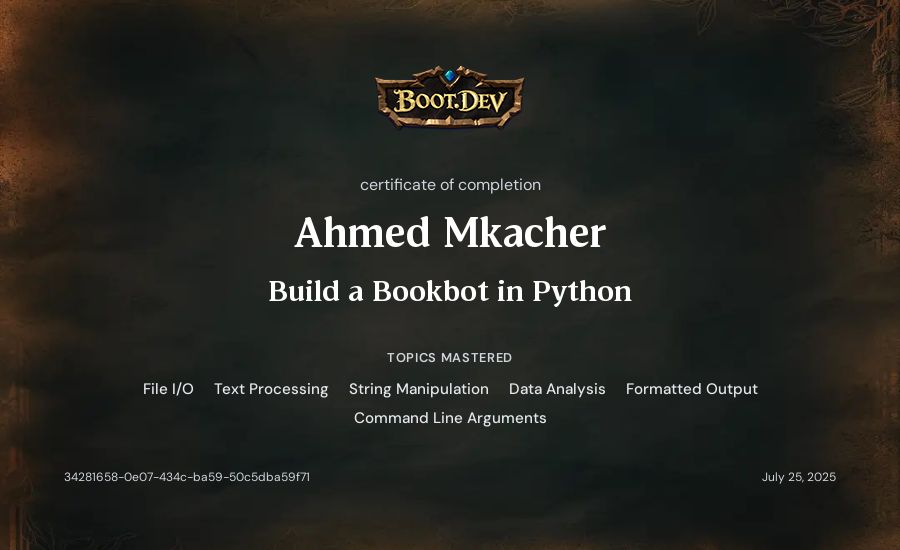 Ahmed Mkacher's Boot.dev Build a BookBot in Python certificate
