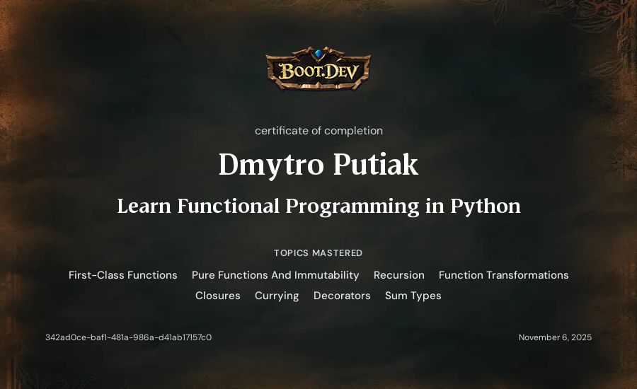 Dmytro Putiak's Boot.dev Learn Functional Programming in Python certificate