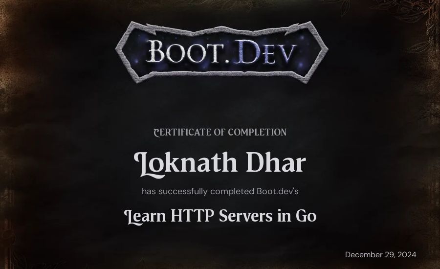 Loknath Dhar's Boot.dev Learn HTTP Servers in Go certificate