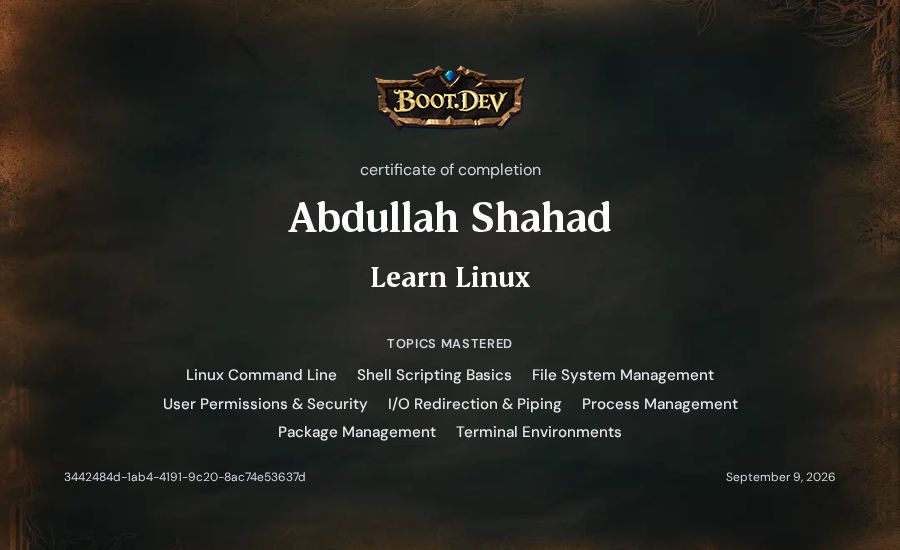 Abdullah Shahad's Boot.dev Learn Linux certificate