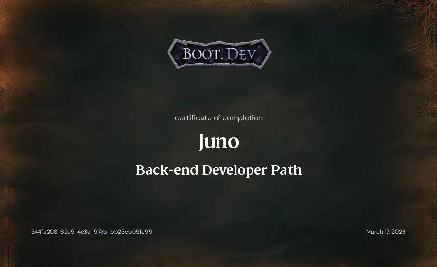 Juno's Boot.dev Backend Developer Path (TypeScript) certificate