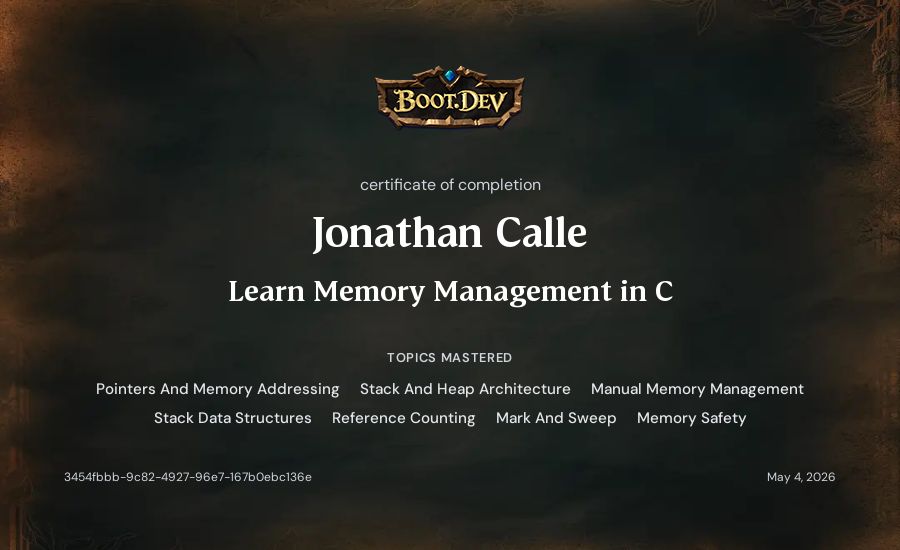 Jonathan Calle's Boot.dev Learn Memory Management in C certificate