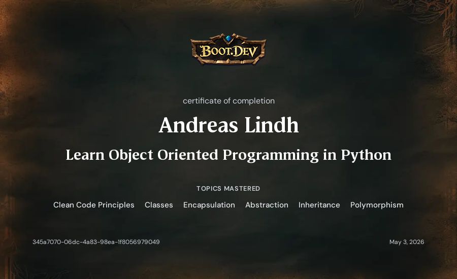 Andreas Lindh's Boot.dev Learn Object Oriented Programming in Python certificate