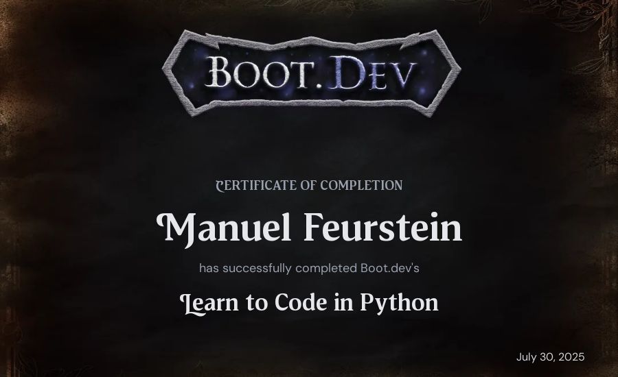 Manuel Feurstein's Boot.dev Introduction to Python Course certificate