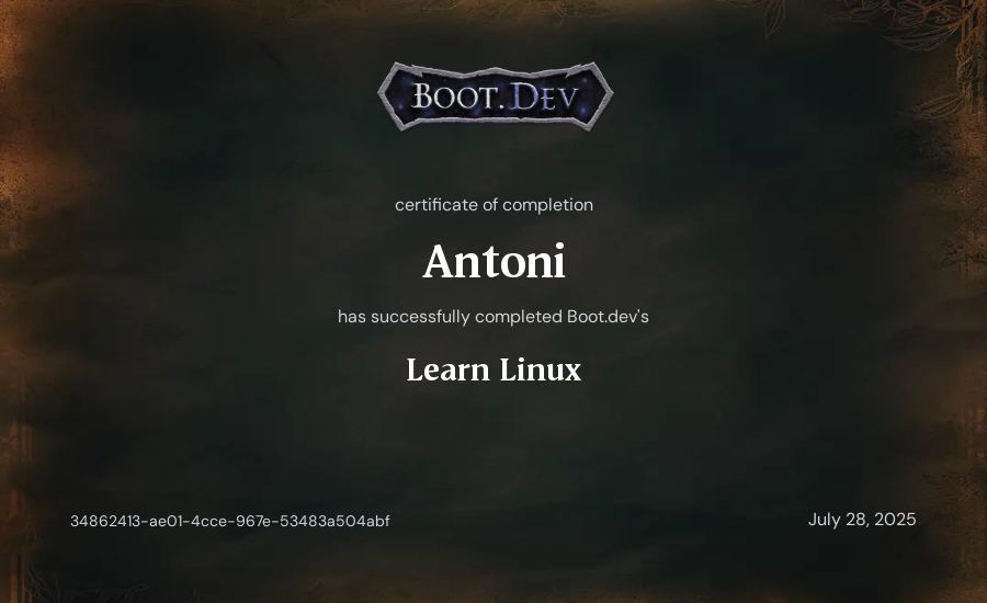 Anton's Boot.dev Learn Linux certificate
