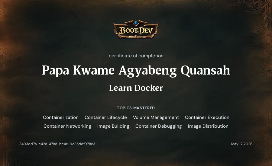 Papa Kwame Agyabeng Quansah's Boot.dev Learn Docker certificate