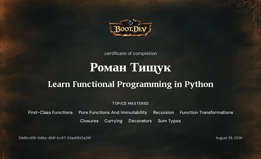 Роман Тищук's Boot.dev Learn Functional Programming in Python certificate
