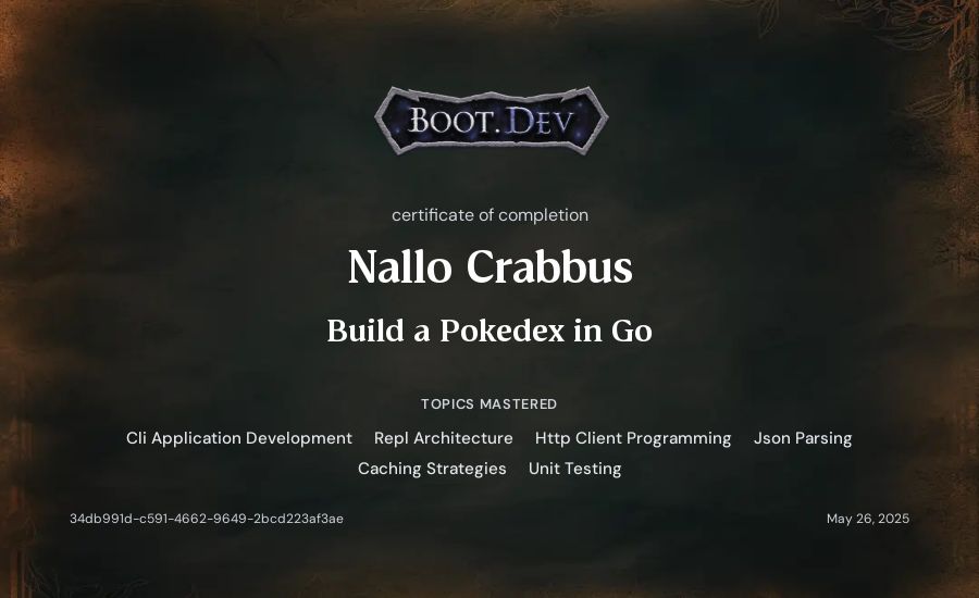 Nallo Crabbus's Boot.dev Build a Pokedex in Go certificate