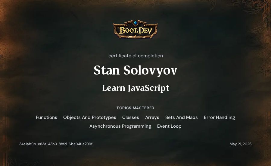 Stan Solovyov's Boot.dev Learn JavaScript certificate