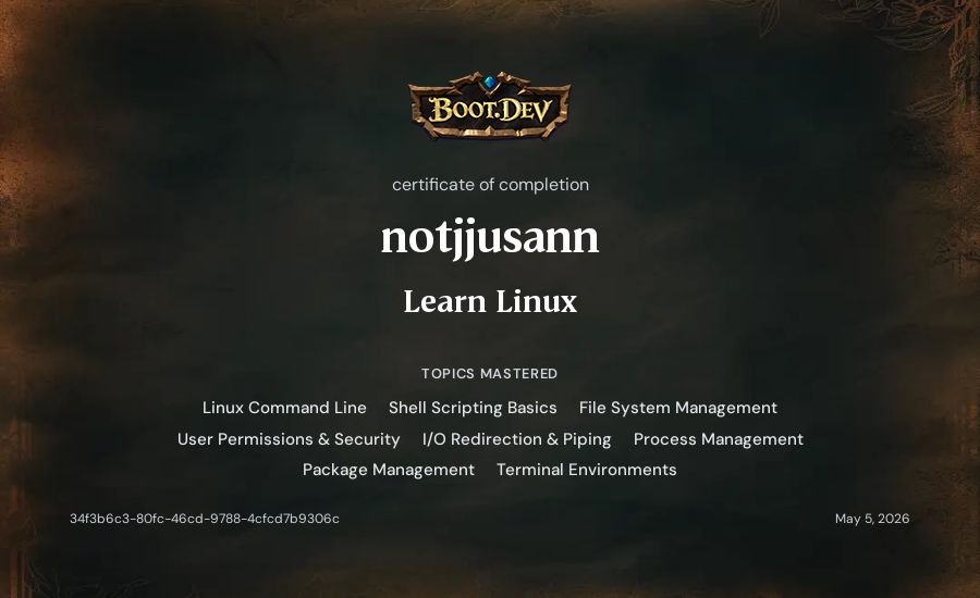 notjjusann's Boot.dev Learn Linux certificate