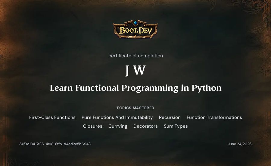 J W's Boot.dev Learn Functional Programming in Python certificate