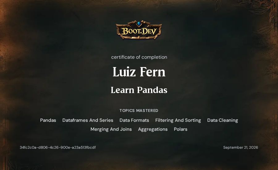 Luiz Fern's Boot.dev Learn Pandas certificate