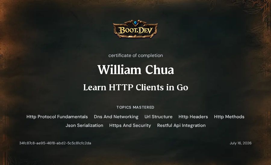 William Chua's Boot.dev Learn HTTP Clients in Go certificate