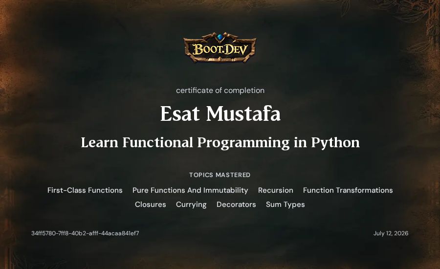 Esat Mustafa's Boot.dev Learn Functional Programming in Python certificate