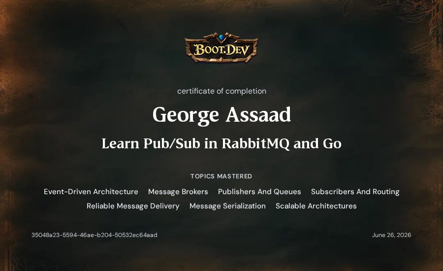 George Assaad's Boot.dev Learn Pub/Sub in RabbitMQ and Go certificate