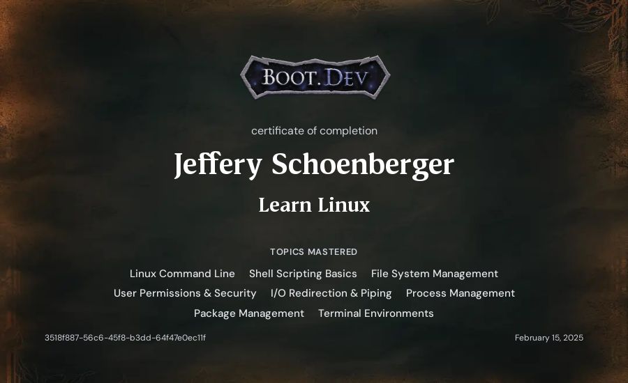 Jeff Schoenberger's Boot.dev Learn Linux certificate